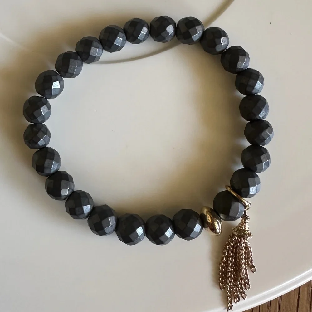Classic Hematite 8mm Stretch Bracelet Gray Gold Bronze Tassel Charm